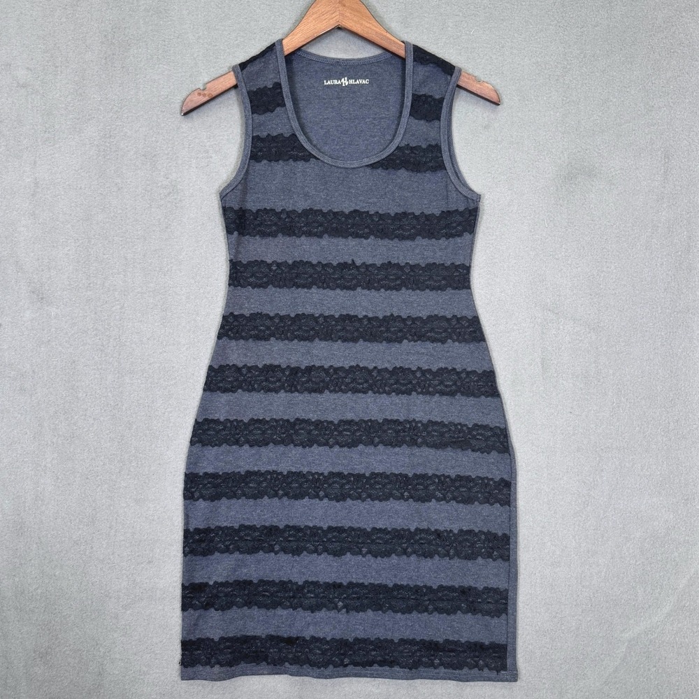 Laura Hlavac Sheath Dress Women M Gray Black Lace Stripe Stretch Bodycon Midi